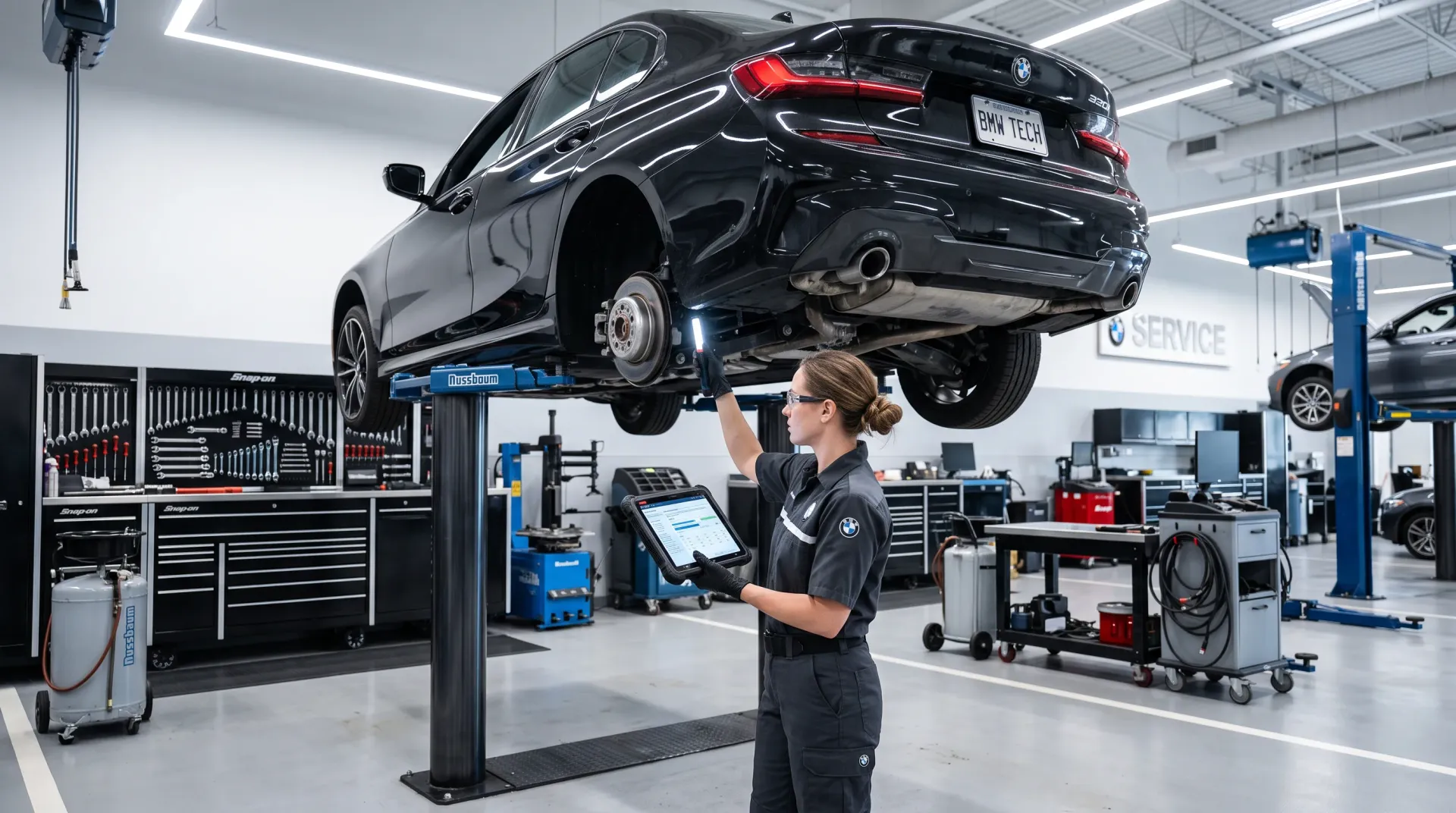 A Carfax report on a tablet in the service bay