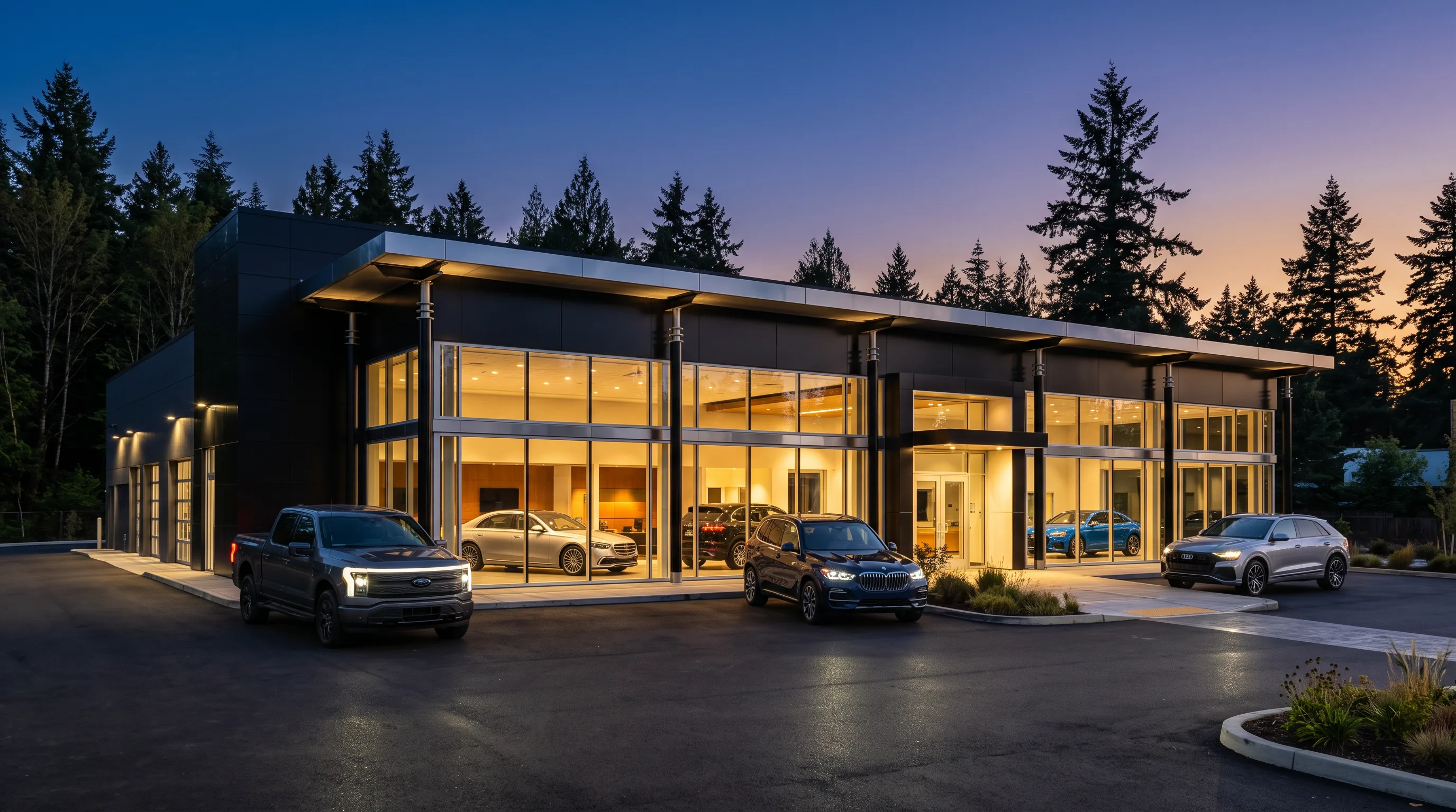 The Drip Motors dealership in Langley, BC, at dusk